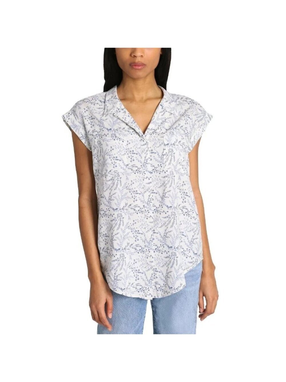 Jachs Girlfriend Women's L Blue & White Floral Sleeveless Button Up Shirt  L1461